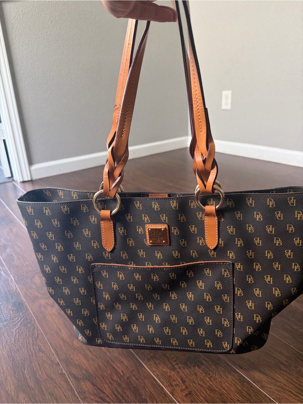 Dooney & Bourke Brown Monogram Tote with Tan Braided Handles - Picture 2 of 9